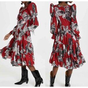 Autumn Adeigbo Sz 2 Dress Red Black Georgette Butterfly Luxury Designer Retro